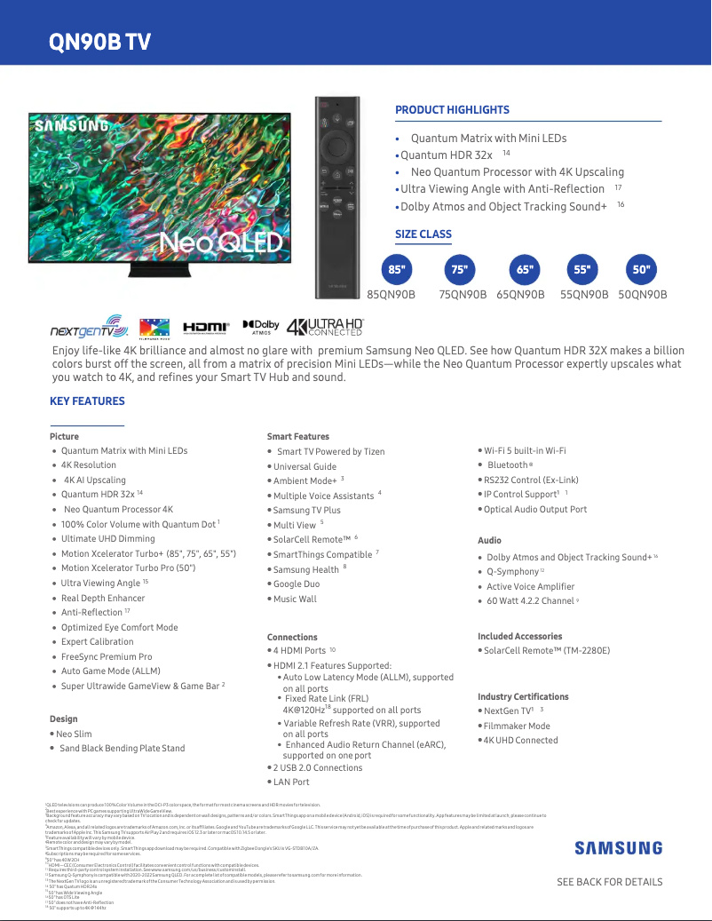 Page 1 de la notice Fiche technique Samsung QN75QN90B