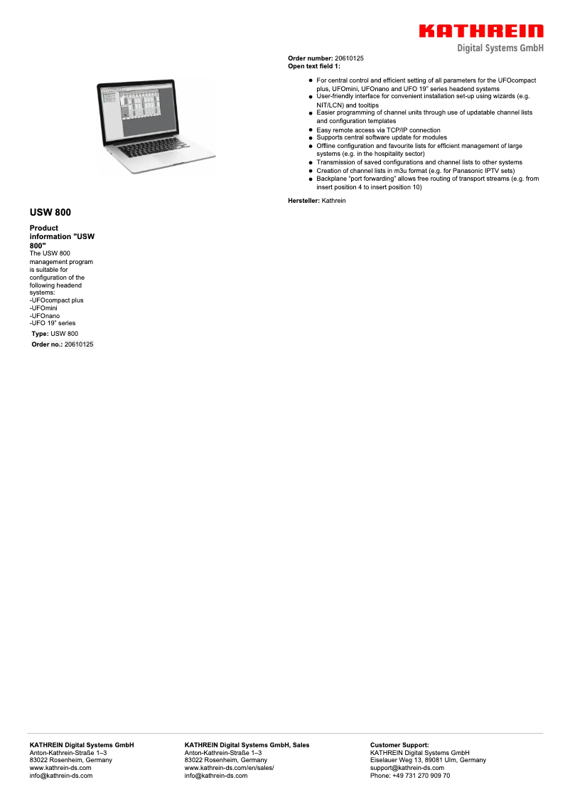 Page n°1 - Manuel utilisateur Kathrein USW 800