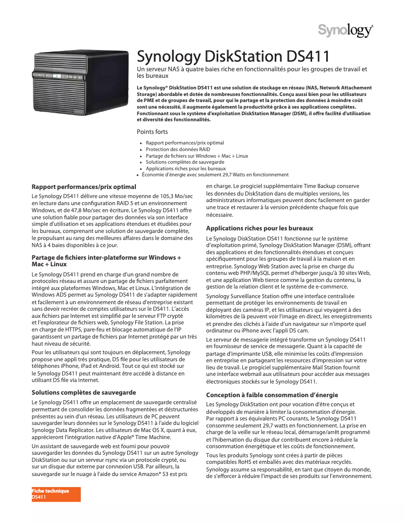 Page 1 de la notice Fiche technique Synology DiskStation DS411