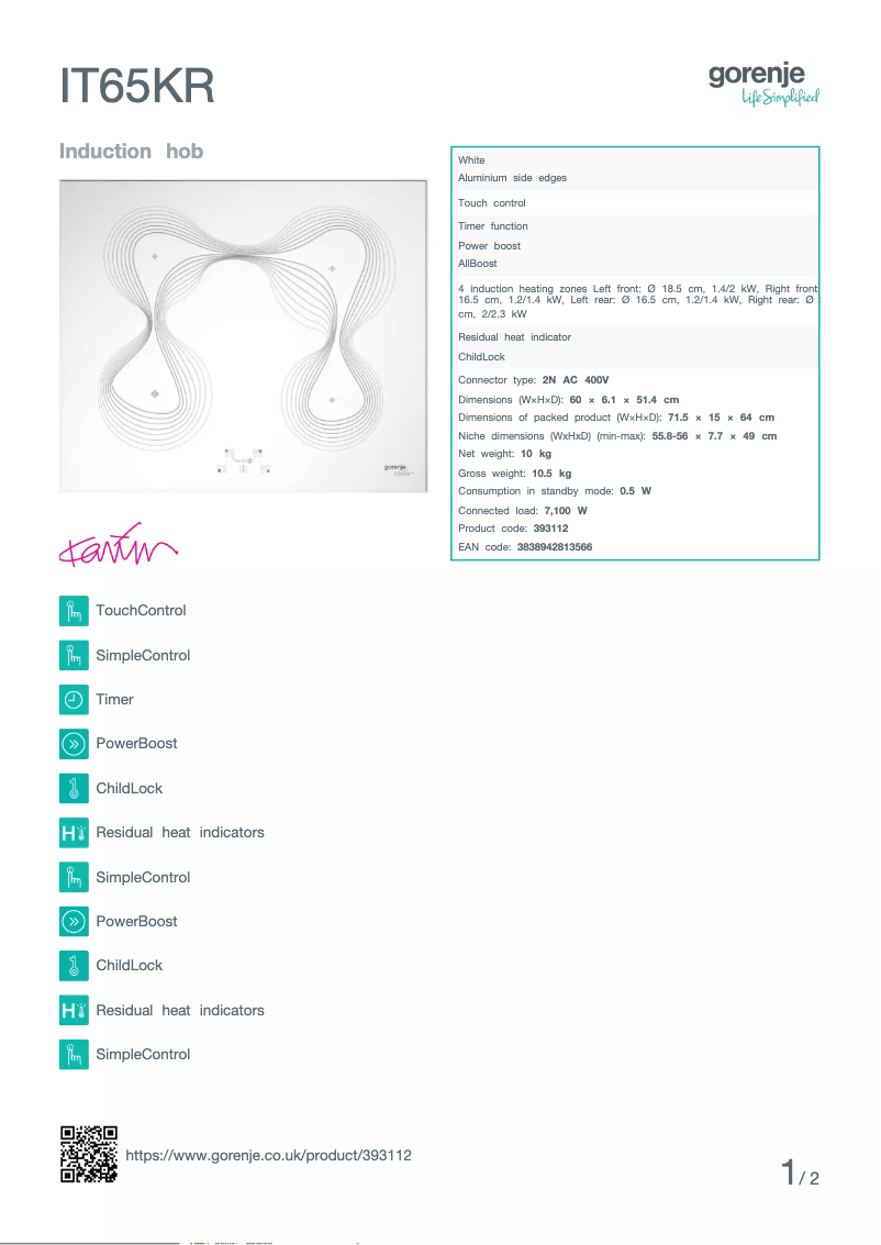 Page 1 de la notice Fiche technique Gorenje IT65KR