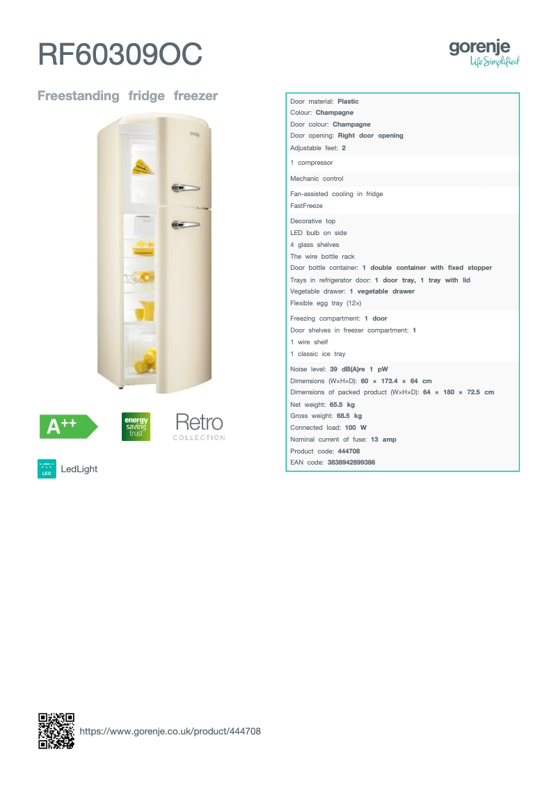 Page n°1 - Fiche technique Gorenje RF60309OC