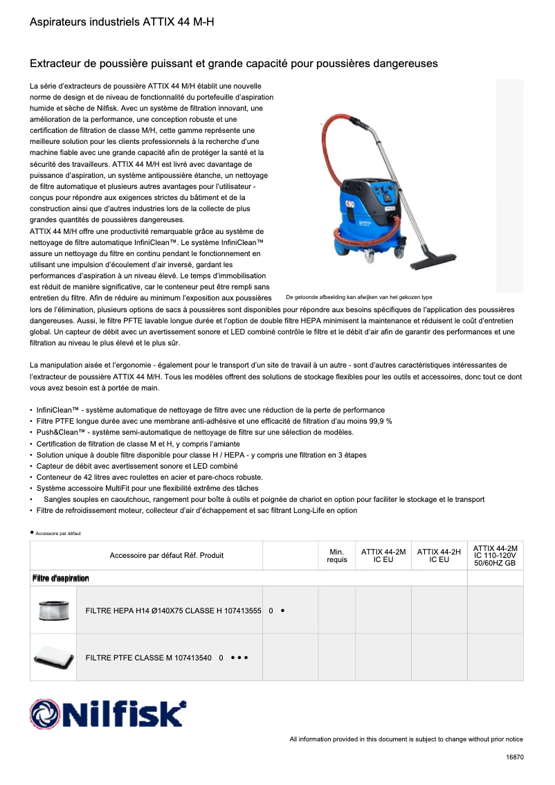 Page 1 de la notice Fiche technique Nilfisk ATTIX 44