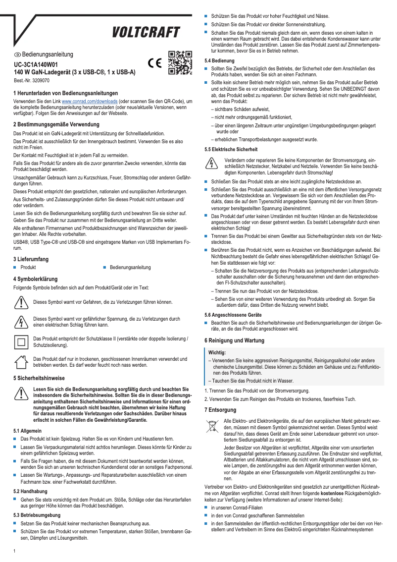 Page 1 de la notice Manuel utilisateur Voltcraft UC-3C1A140W01