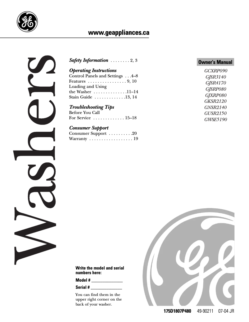 Page 1 de la notice Manuel utilisateur GE GUSR2150