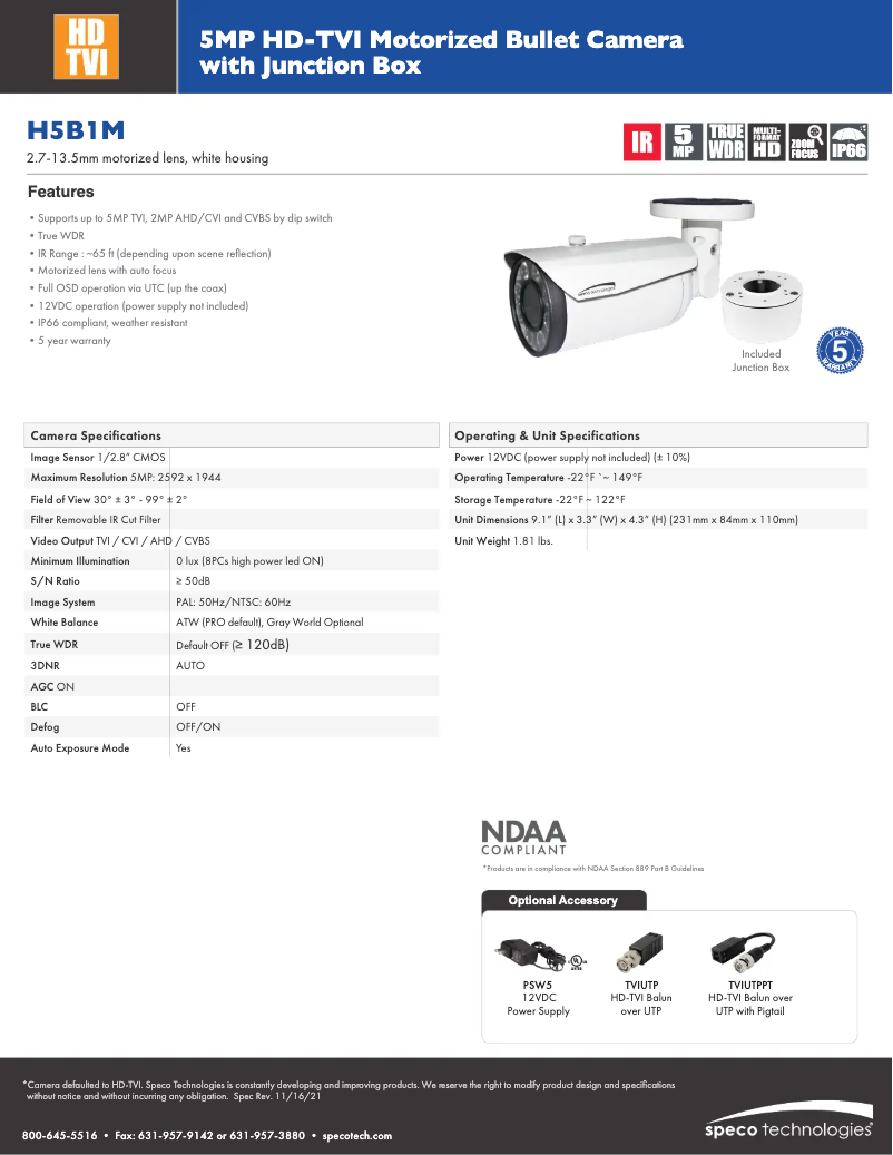 Page 1 de la notice Fiche technique Speco Technologies H5B1M