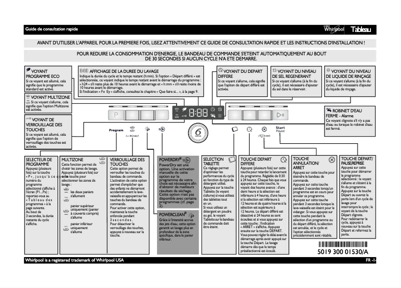 Page 1 de la notice Manuel utilisateur Whirlpool ADPL 9874 IX