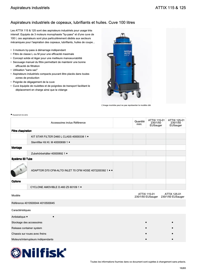 Page 1 de la notice Fiche technique Nilfisk ATTIX 115-01