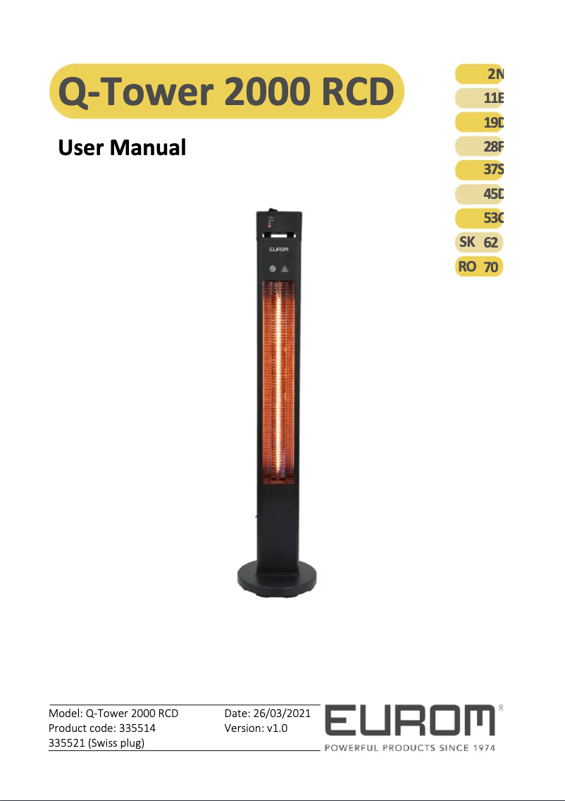 Page 1 de la notice Manuel utilisateur Eurom Q-Tower 2000 RCD