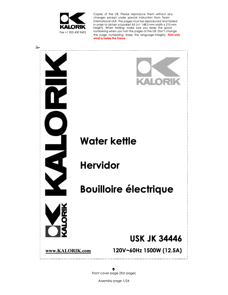 Page 1 de la notice Manuel utilisateur Kalorik JK-34446