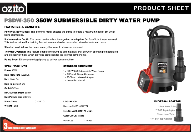 Page 1 de la notice Fiche technique Ozito PSDW-350