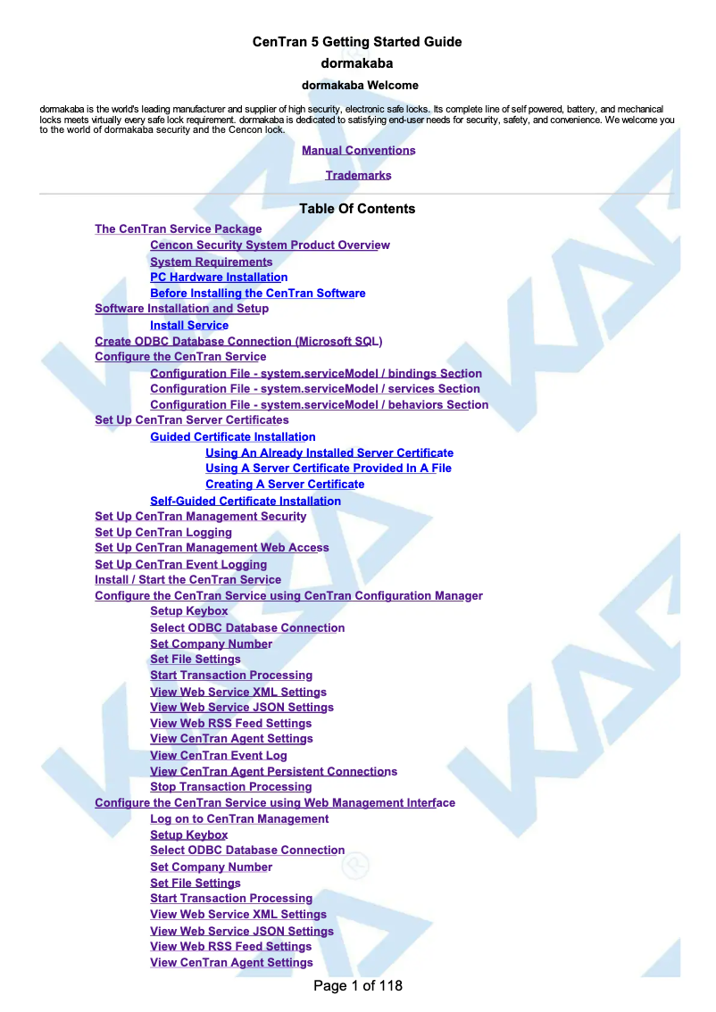 Page 1 de la notice Manuel utilisateur Dormakaba CenTran 5