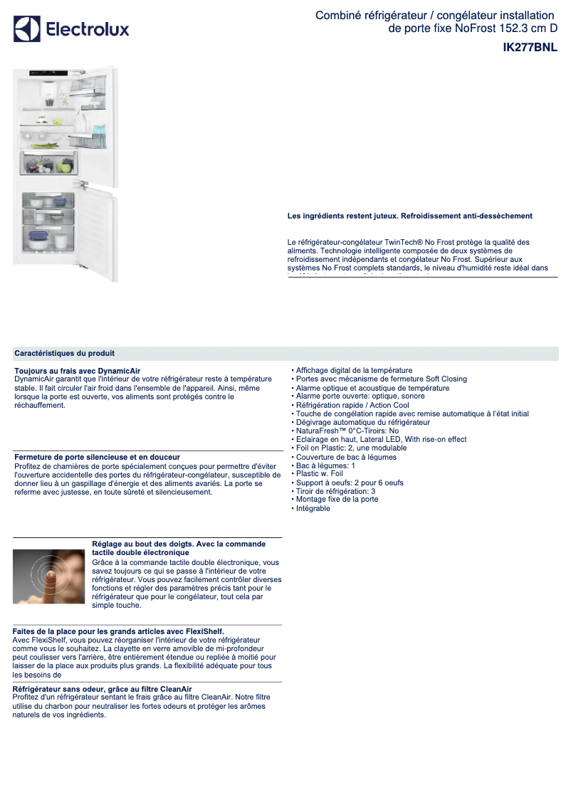 Page 1 de la notice Fiche technique Electrolux IK277BNL