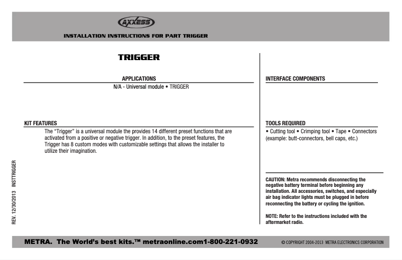 Page 1 de la notice Manuel utilisateur AXESS TRIGGER