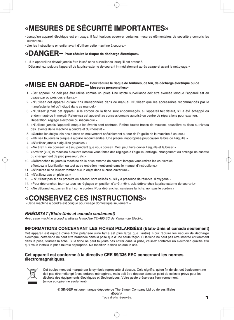 Page n°1 - Manuel utilisateur Singer Futura CE-250