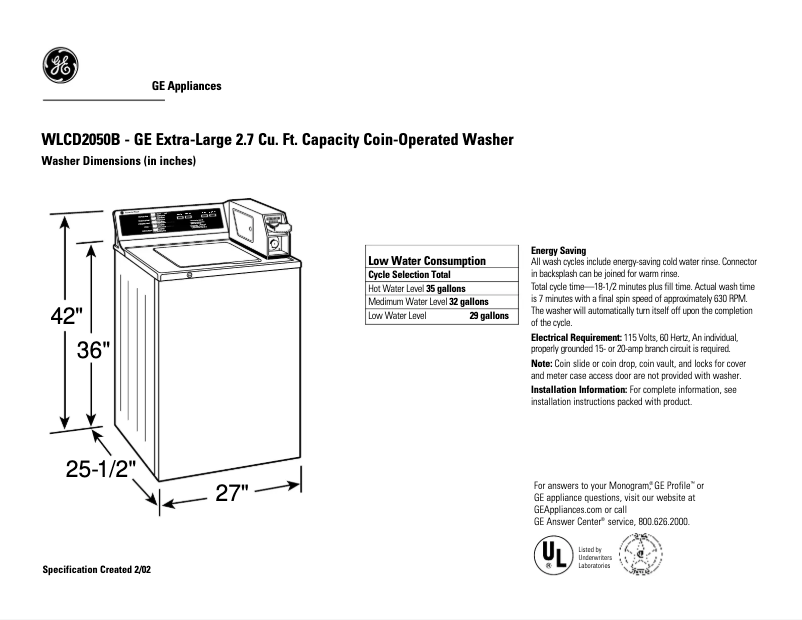 Page 1 of the manual Technical Sheet GE WLCD2050BWC