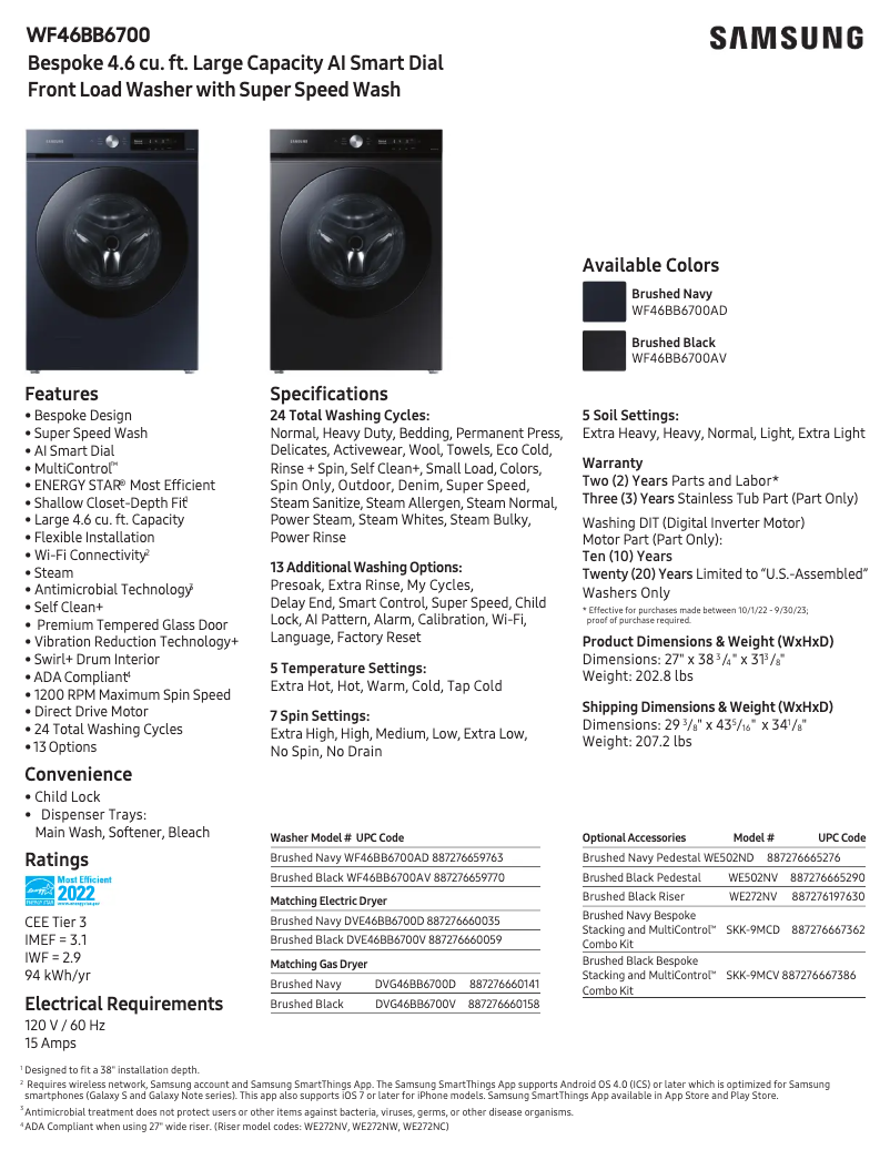 Page 1 de la notice Fiche technique Samsung WF46BB6700AD