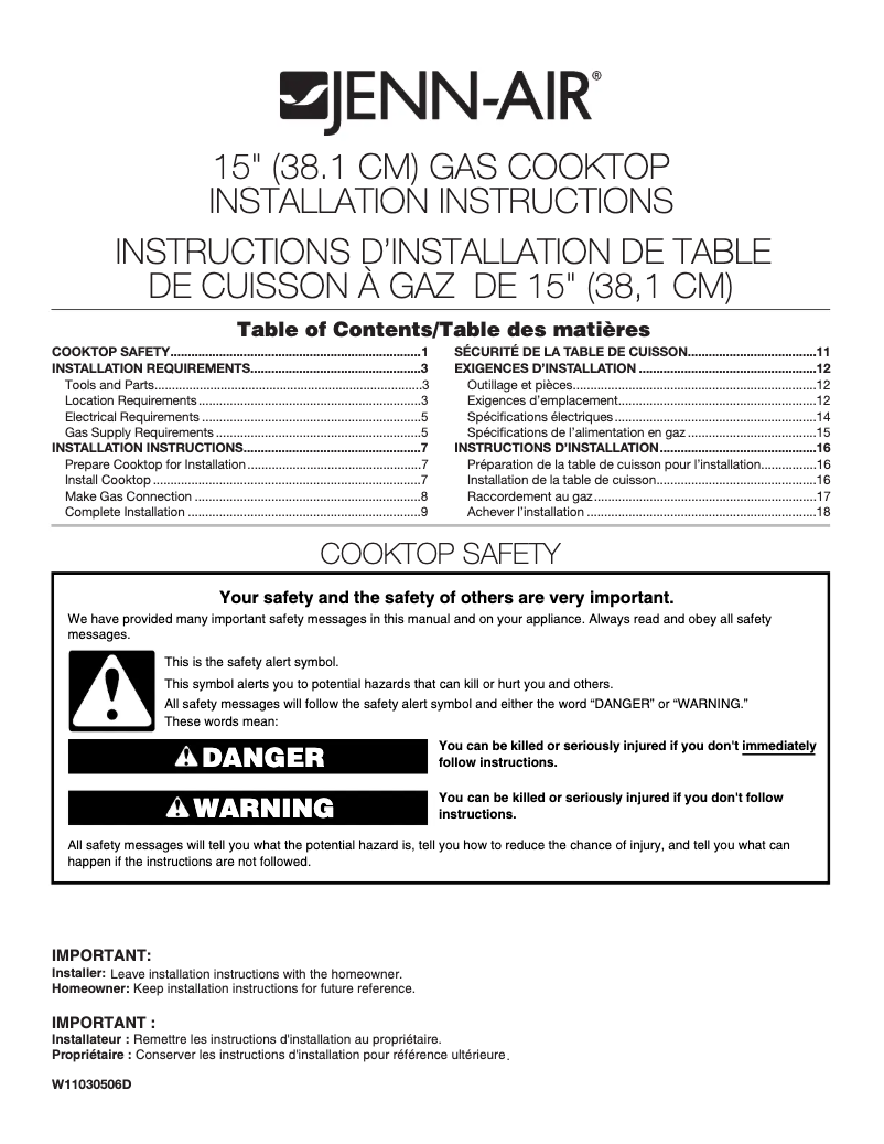 Page n°1 - Guide d'installation Jenn-Air JGC3215GS