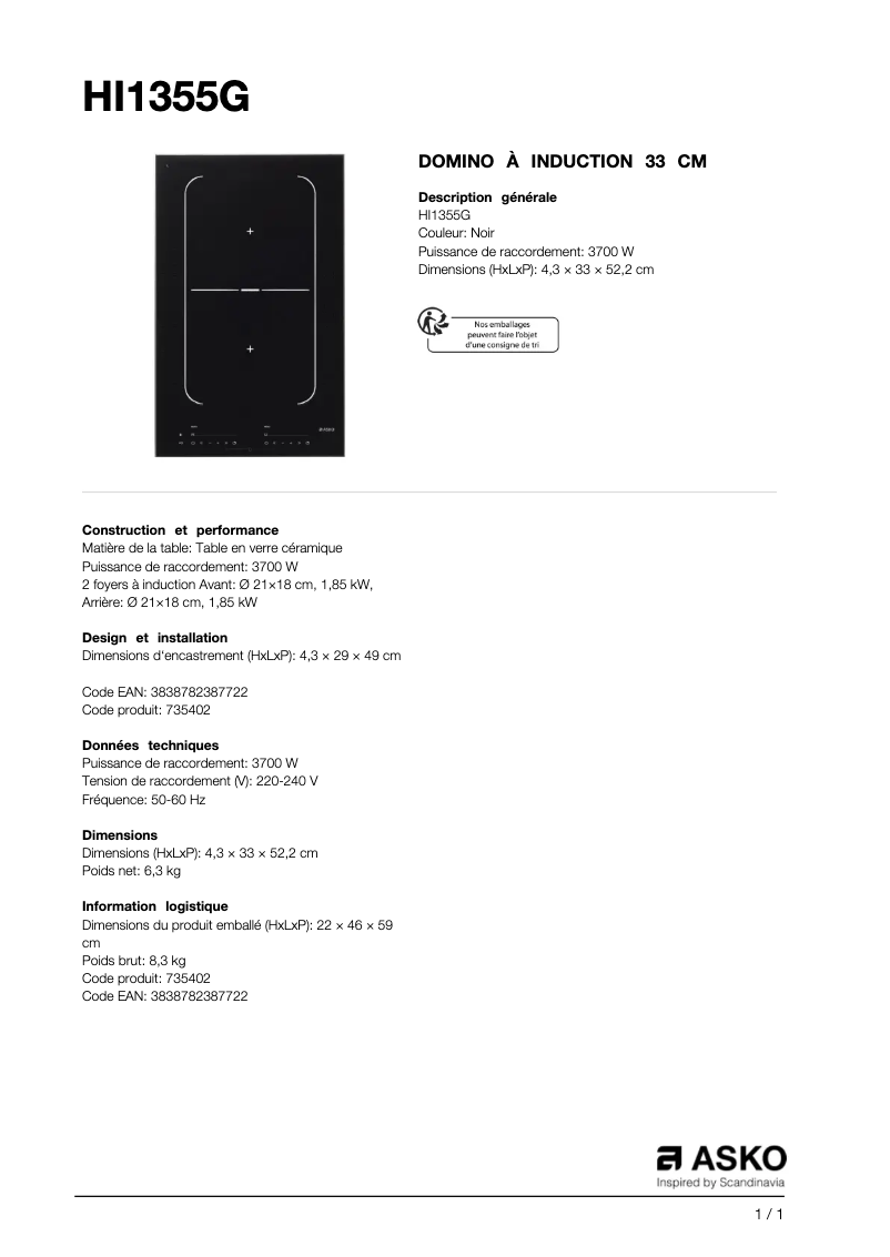 Page n°1 - Fiche technique Asko HI1355G