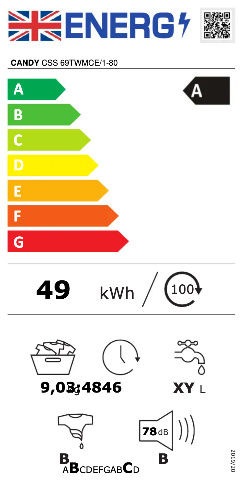 Page n°1 - Label énergétique Candy CSS 69TWMCE/1-80
