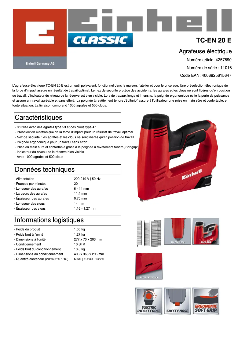 Page n°1 - Fiche technique Einhell TC-EN 20 E