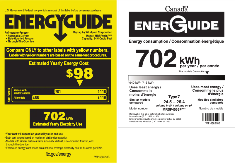 Page 1 de la notice Label énergétique Maytag MRSF4036PW