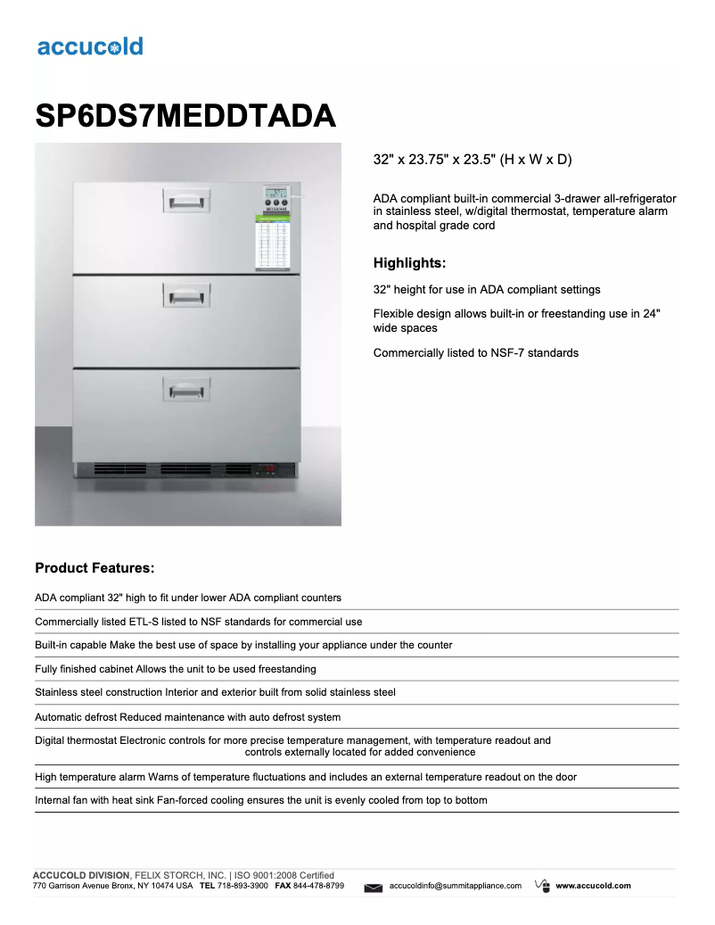 Page 1 de la notice Fiche technique Summit Accucold SP6DS7MEDDTADA