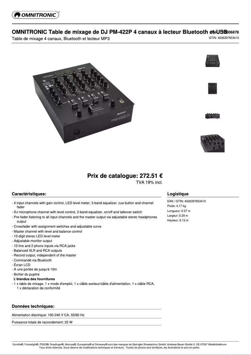 Page n°1 - Fiche technique Omnitronic PM-422P