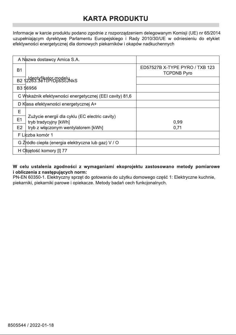 Página 1 del manual Ficha técnica Amica ED57527B X-Type PYRO