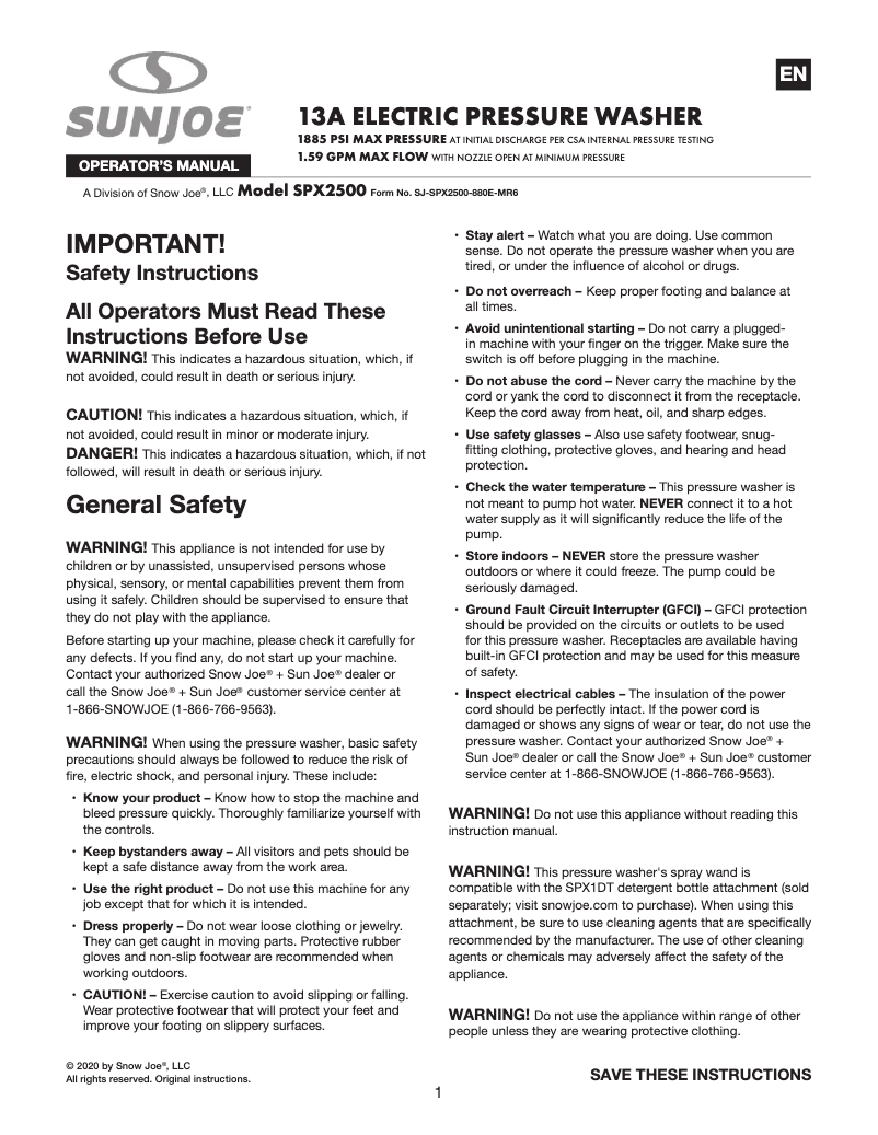 Page 1 de la notice Manuel utilisateur Sun Joe SPX2500