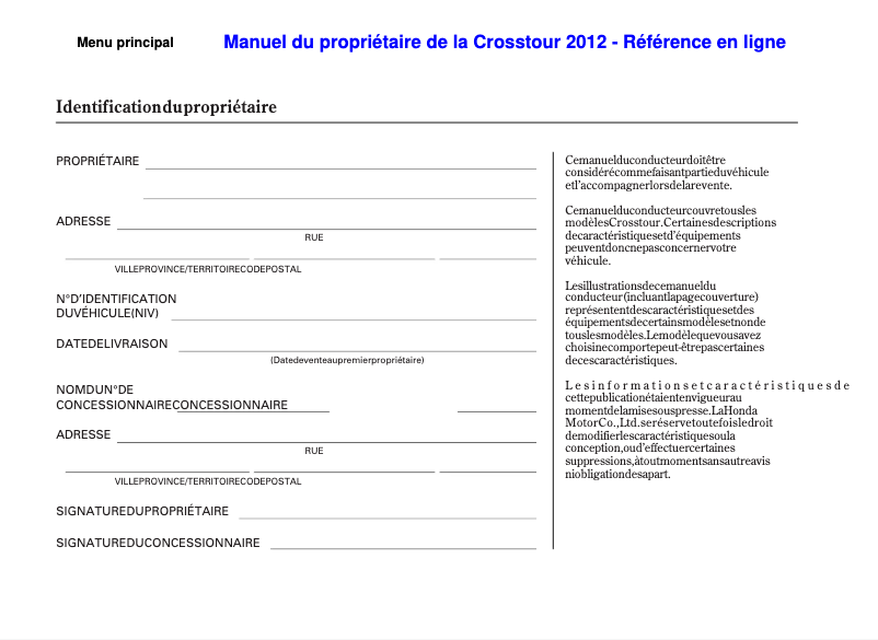 Page 1 de la notice Manuel utilisateur Honda Accord CrossTour (2012)