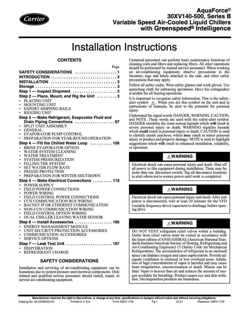 Page n°1 - Manuel utilisateur Carrier AquaForce 30XV