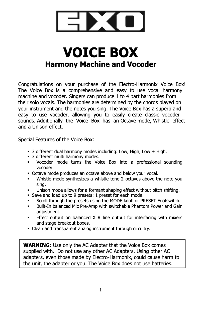 Page n°1 - Manuel utilisateur Electro Harmonix Voice Box
