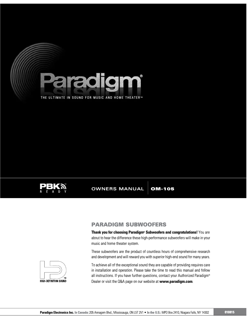 Page n°1 - Mode d'emploi Paradigm UltraCube 12