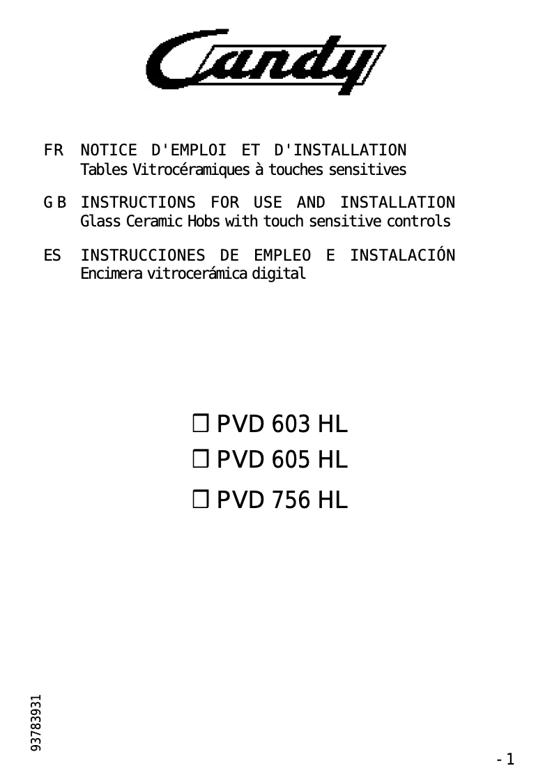 Page n°1 - Manuel utilisateur Candy PC PVD603HLX