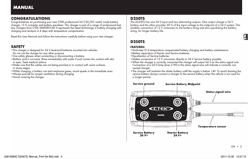 Page 1 de la notice Manuel utilisateur Ctek D250TS