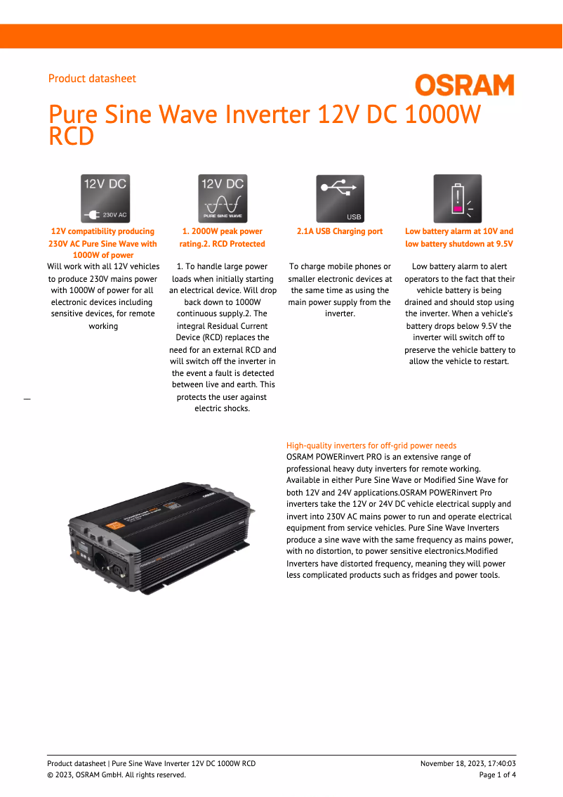 Page n°1 - Fiche technique Osram Pure Sine Wave 12V DC 1000W RCD