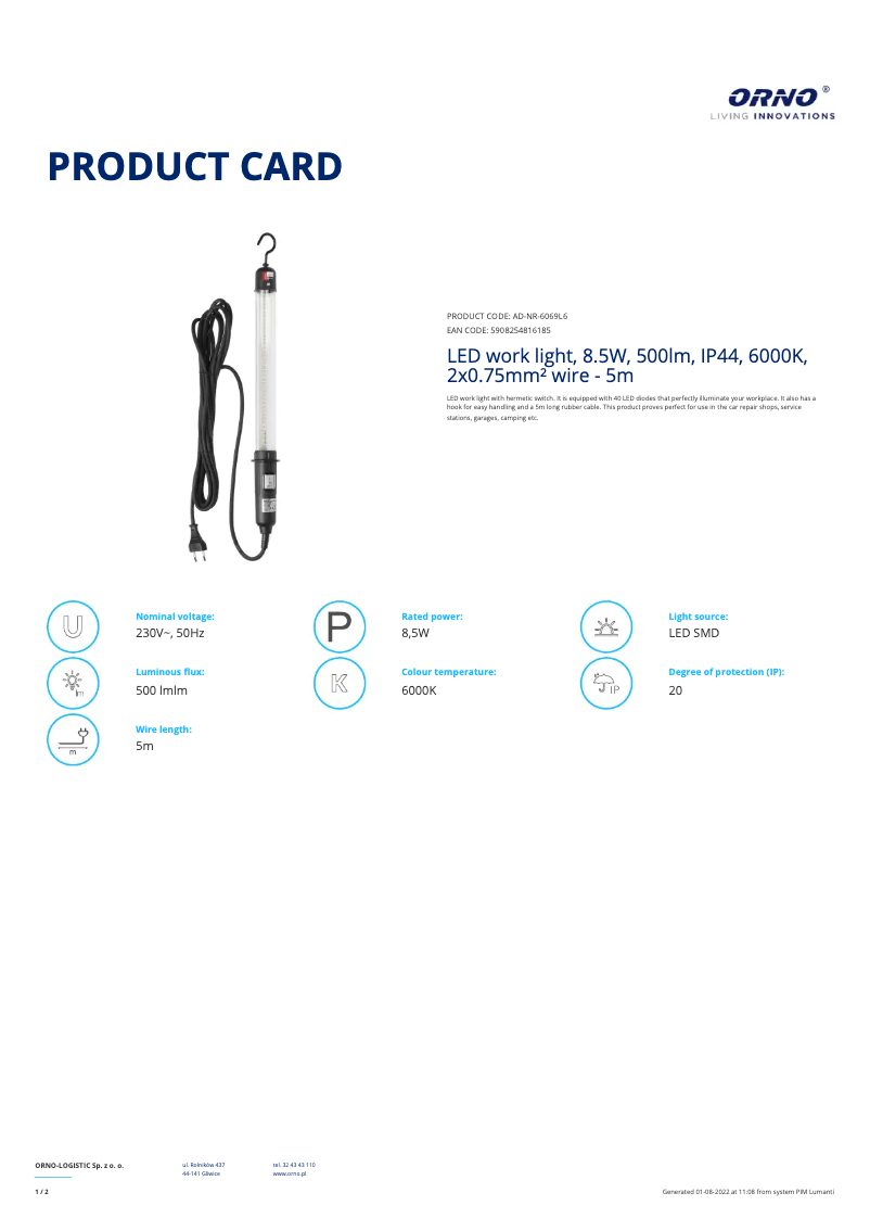 Page 1 de la notice Fiche technique Adviti AD-NR-6069L6