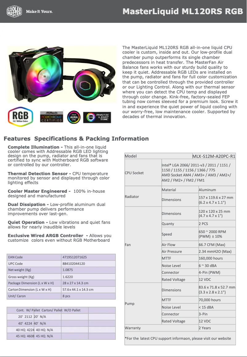 Imagen de la primera página del manual del dispositivo MasterLiquid ML120RS