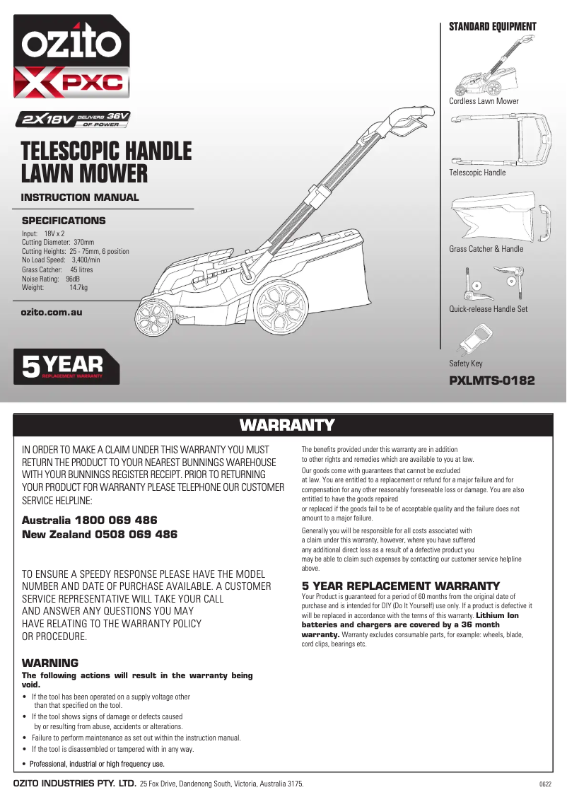 Page 1 de la notice Manuel utilisateur Ozito PXLMTK-4182