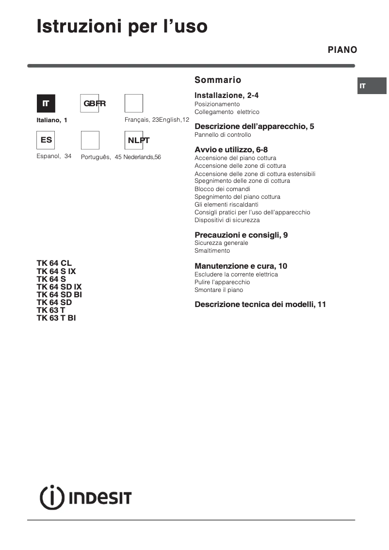 Page 1 de la notice Manuel utilisateur Indesit TK 63 TBI
