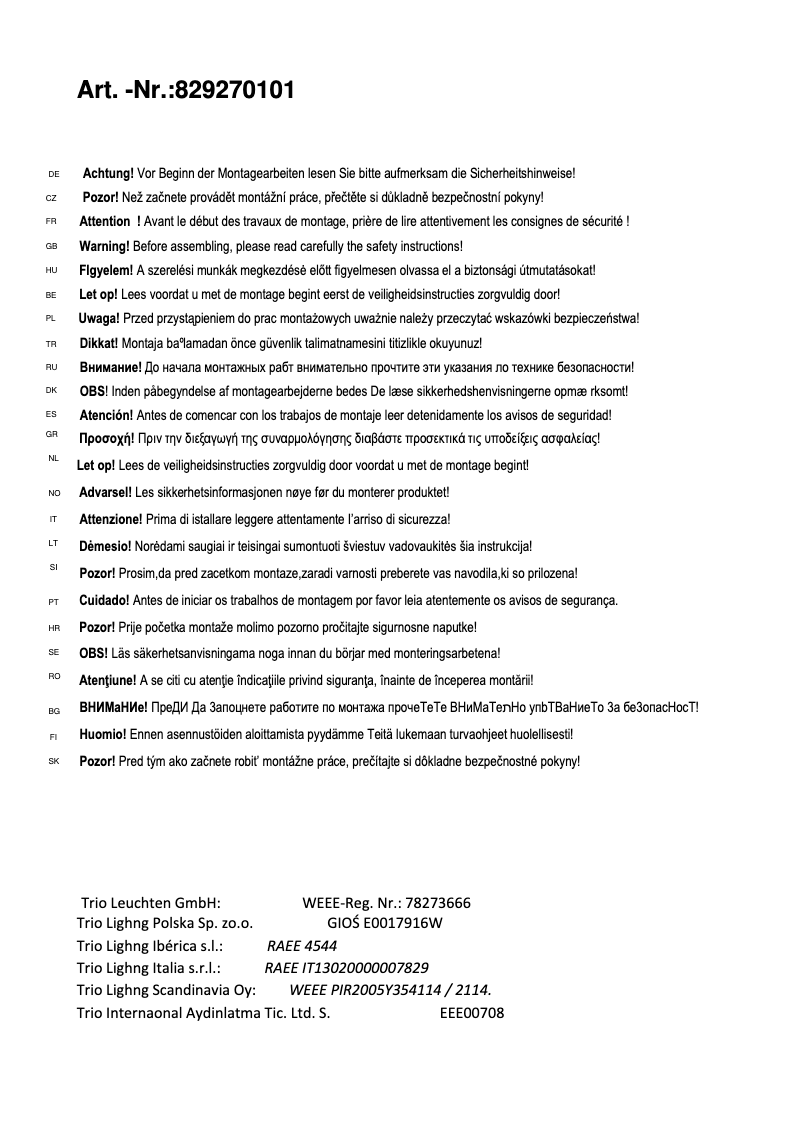 Page 1 de la notice Manuel utilisateur Trio Lighting Cayman 829270101