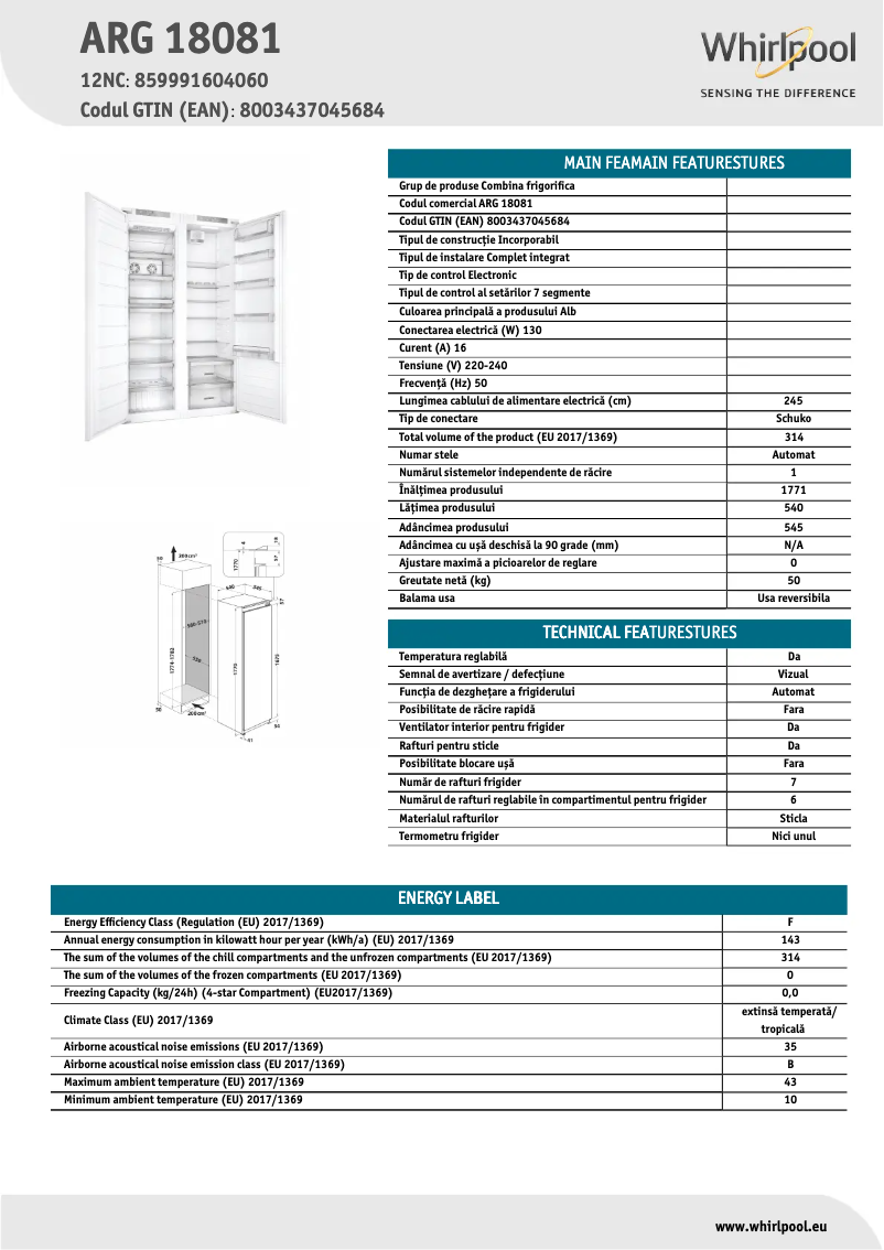Page 1 de la notice Fiche technique Whirlpool ARG 18081 A++