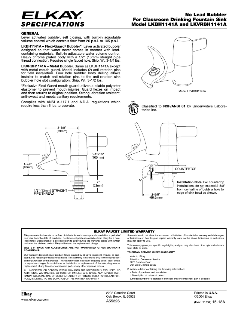 Page 1 of the manual User Manual Elkay LKVRBH1141A