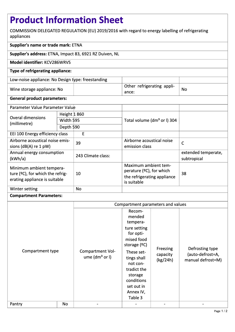 Page n°1 - Fiche technique Etna KCV286WRVS