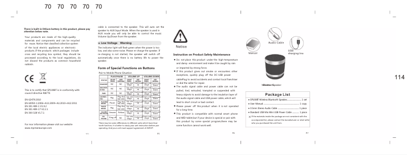 Imagen de la primera página del manual del dispositivo SP100 BT