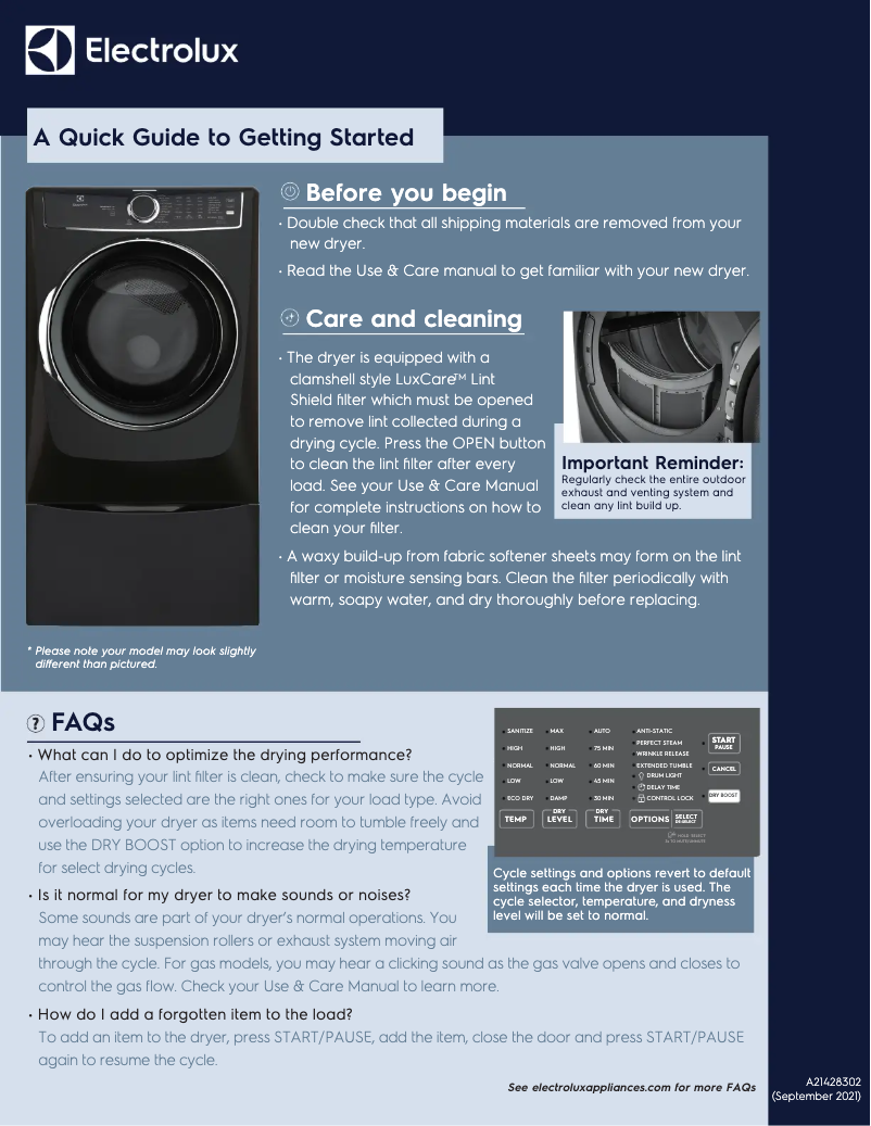 Page n°1 - Guide de démarrage rapide Electrolux ELFG7537AW