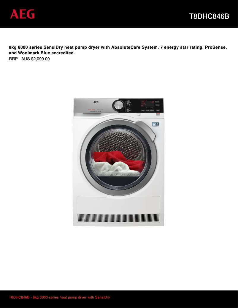 Page 1 de la notice Fiche technique AEG T8DHC846B