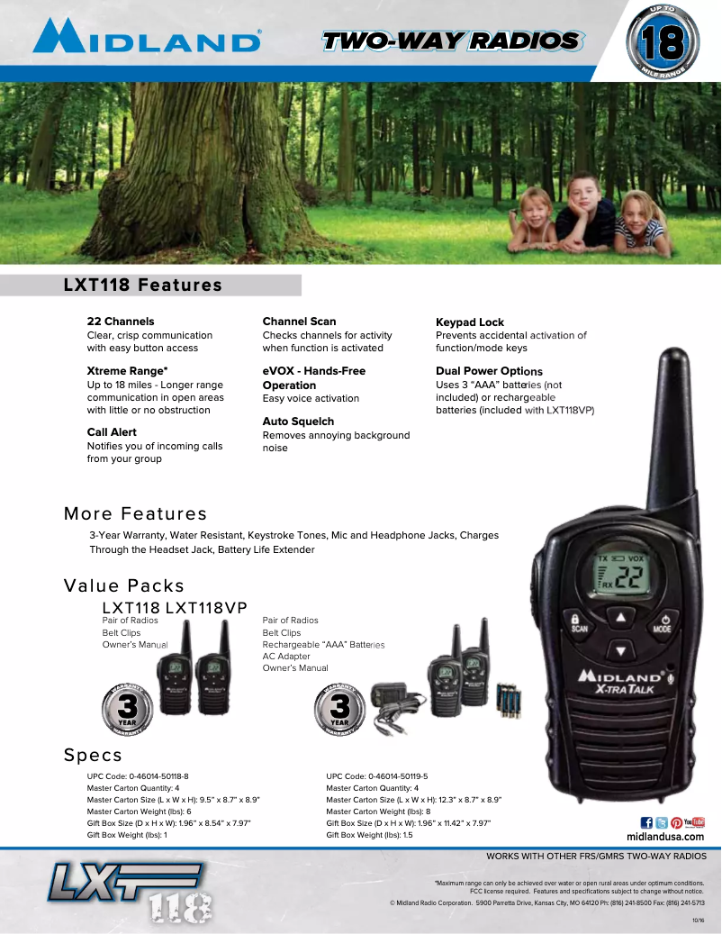 Page 1 de la notice Fiche technique Midland LXT118VP