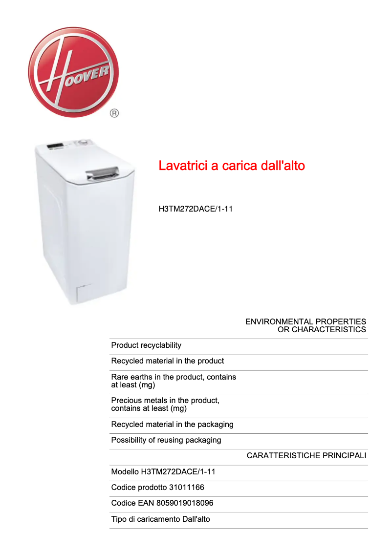 Page n°1 - Fiche technique Hoover H3TM272DACE/1-11