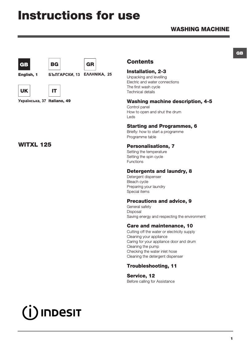 Página 1 del manual Manual de usuario Indesit WITXL 125 (EE)